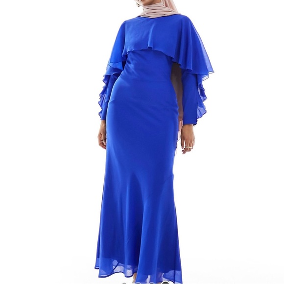 🆕NWT ASOS DESIGN modest dressy long sleeve ruffle bias maxi dress w/ cape detail - Picture 6 of 11